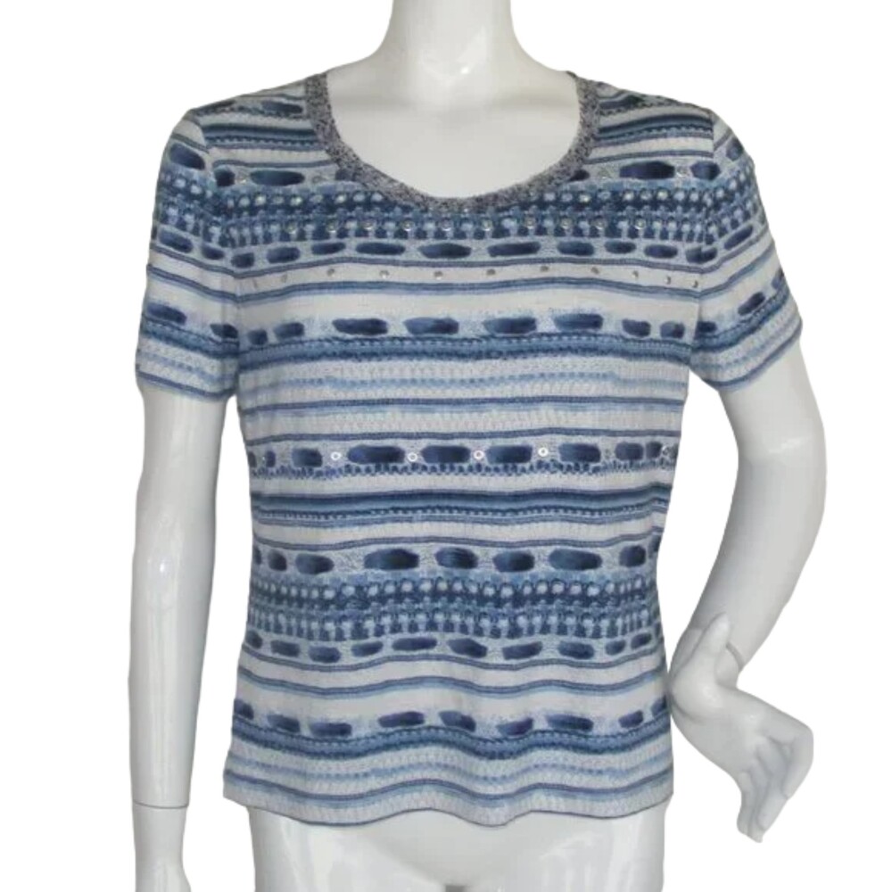 ST JOHN SPORT Tee, M, Blue, Studs, Mesh neck, Short sleeves, rayon